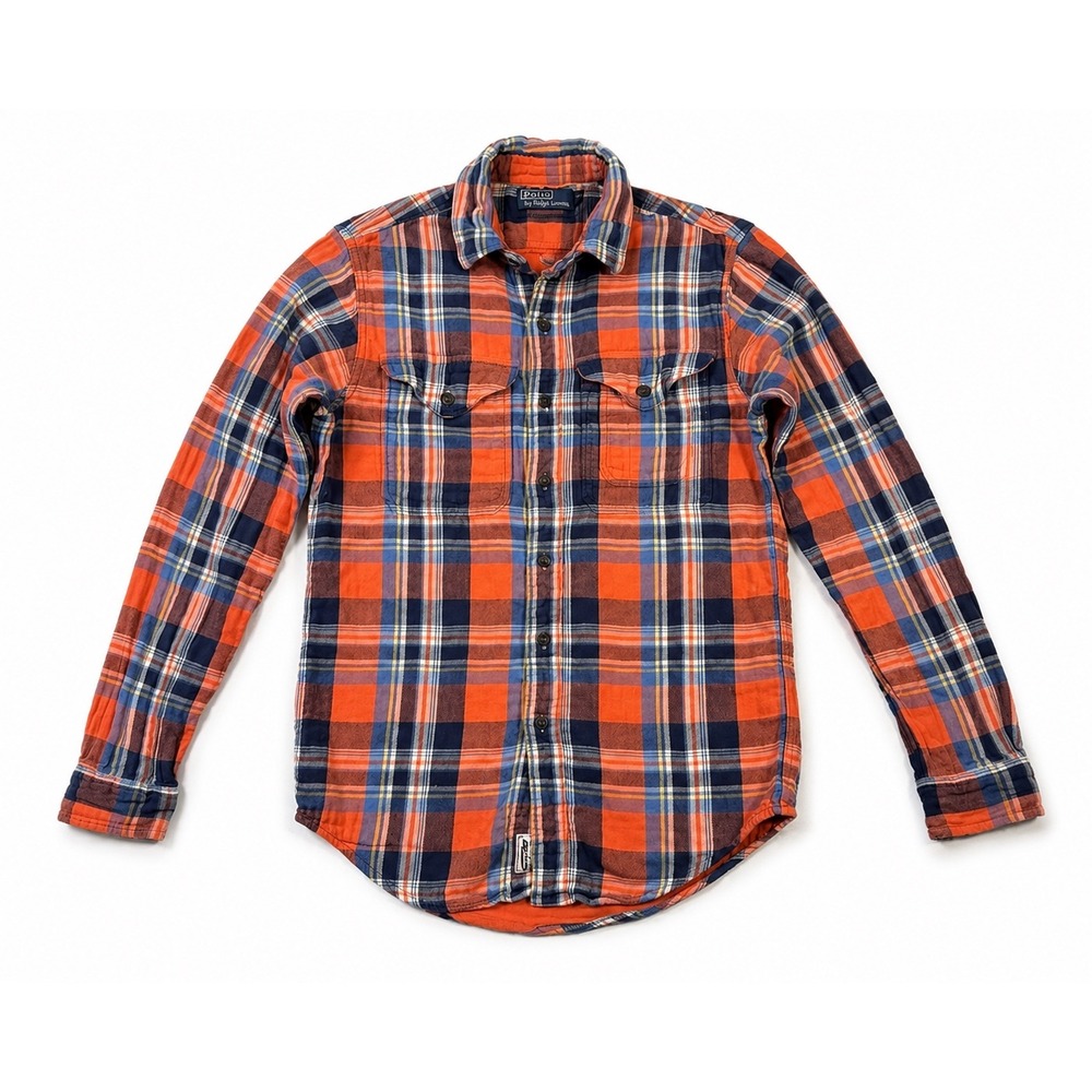 Polo Ralph Lauren Men Orange Blue Plaid Flannel Button Down Shirt Small Mountain